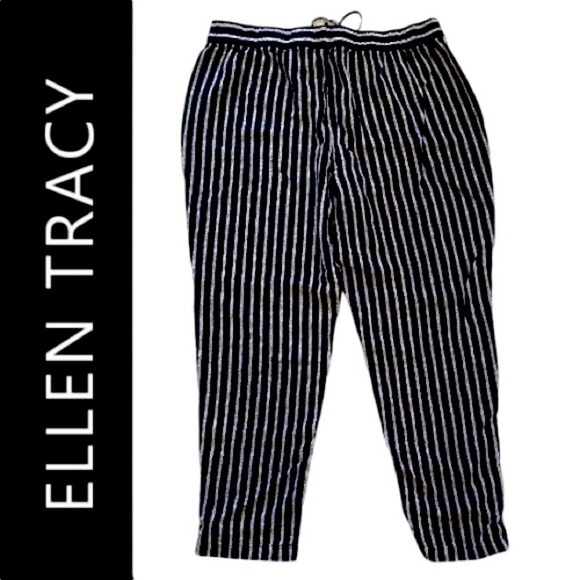 Ellen Tracy Women’s Elastic/Drawstring Pants-Black/White Stripe Linen Blend - Picture 2 of 3